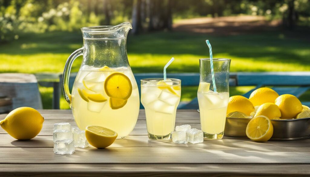 lemonade jug and glasses on a picnic table